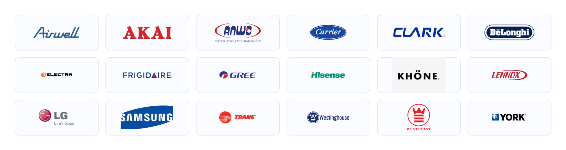 Marcas de aire acondicionado: Airwell, Akai, Anwo, Carrier, Clark, DeLonghi, Electra, Frigidaire, Gree, Hisense, Khöne, Lennox, LG, Samsung, Trane, Westinghouse, Westpoint, York