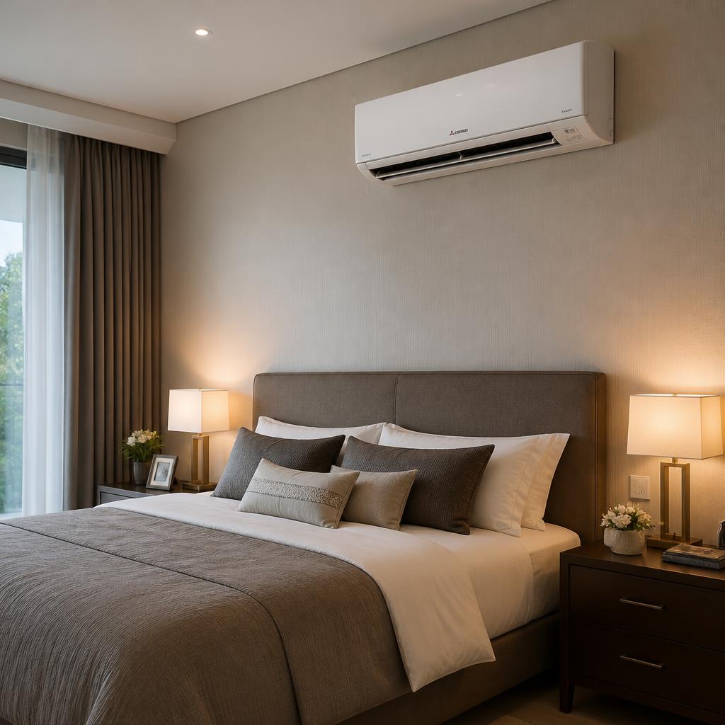 Dormitorio con aire acondicionado split muro instalado